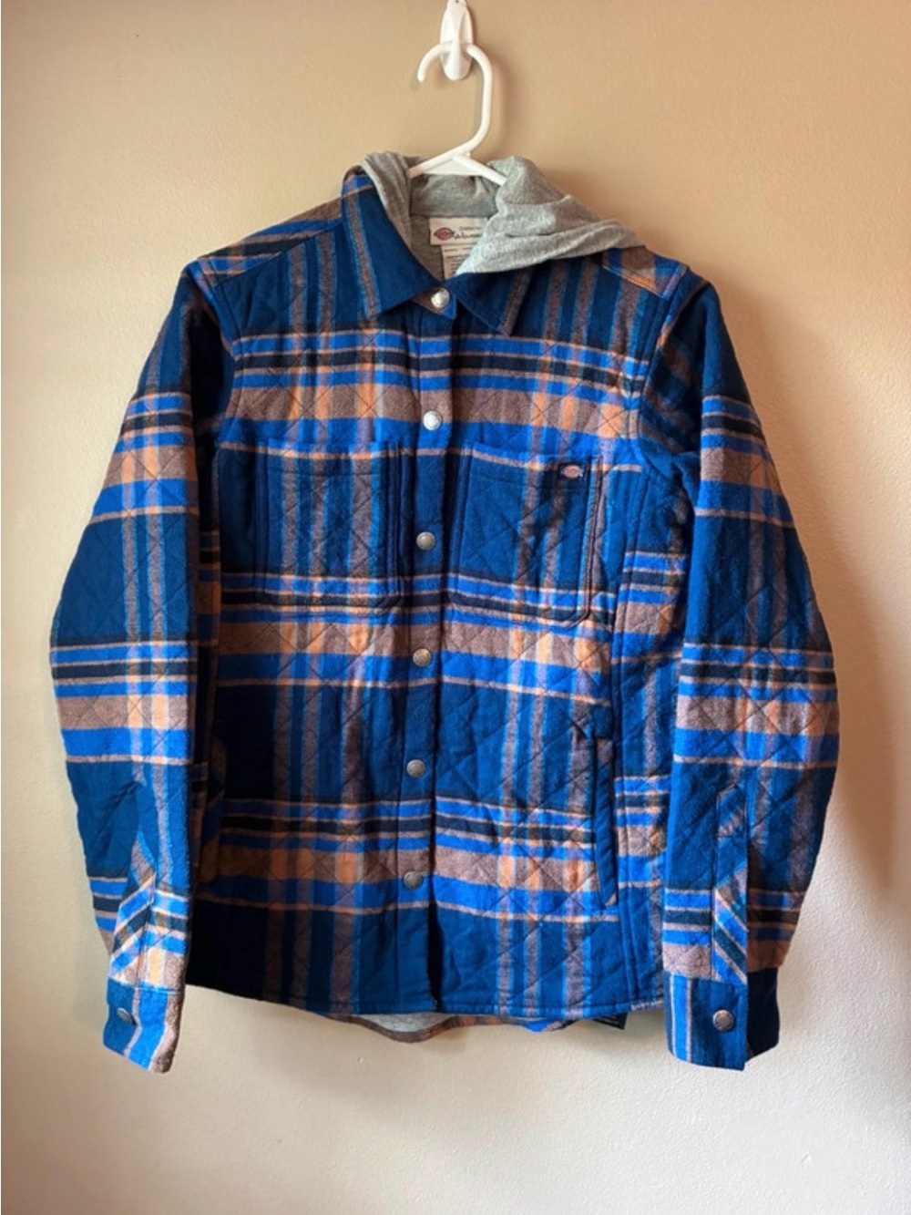 Dickies Blue and Tan Plaid Quilted Hooded Shirt Jacket